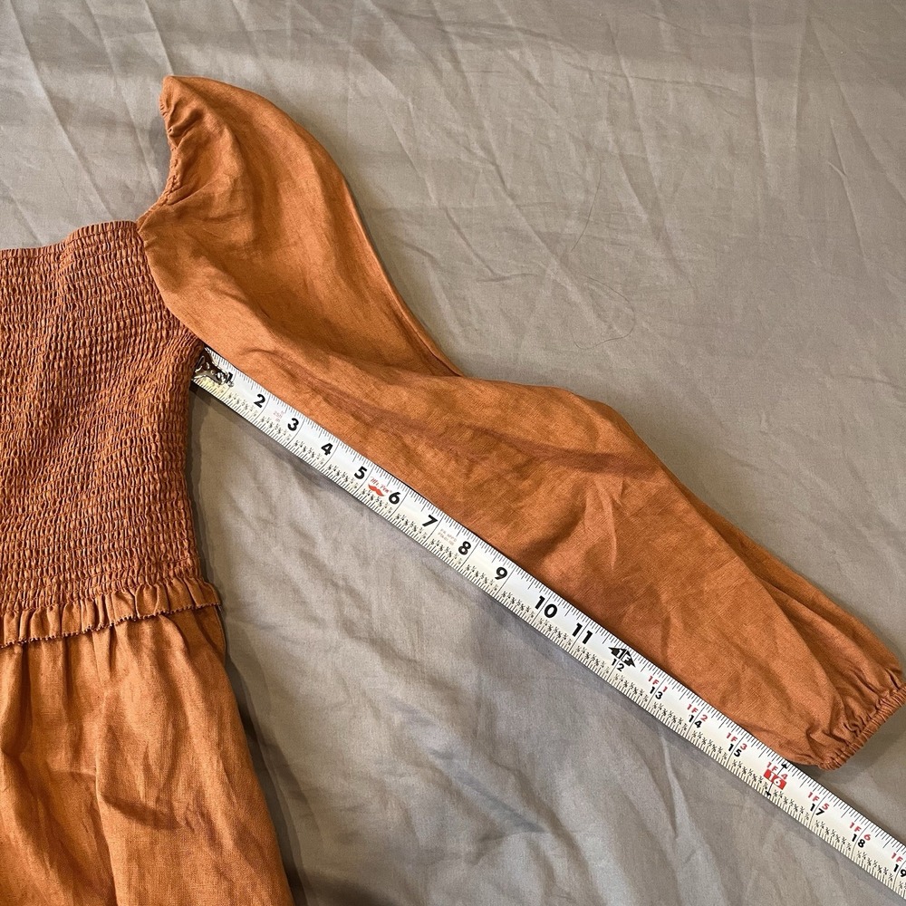 Quince European Linen Smocked Mini Long Sleeve Dress Terracotta Brown XS Peasant - Picture 4 of 8
